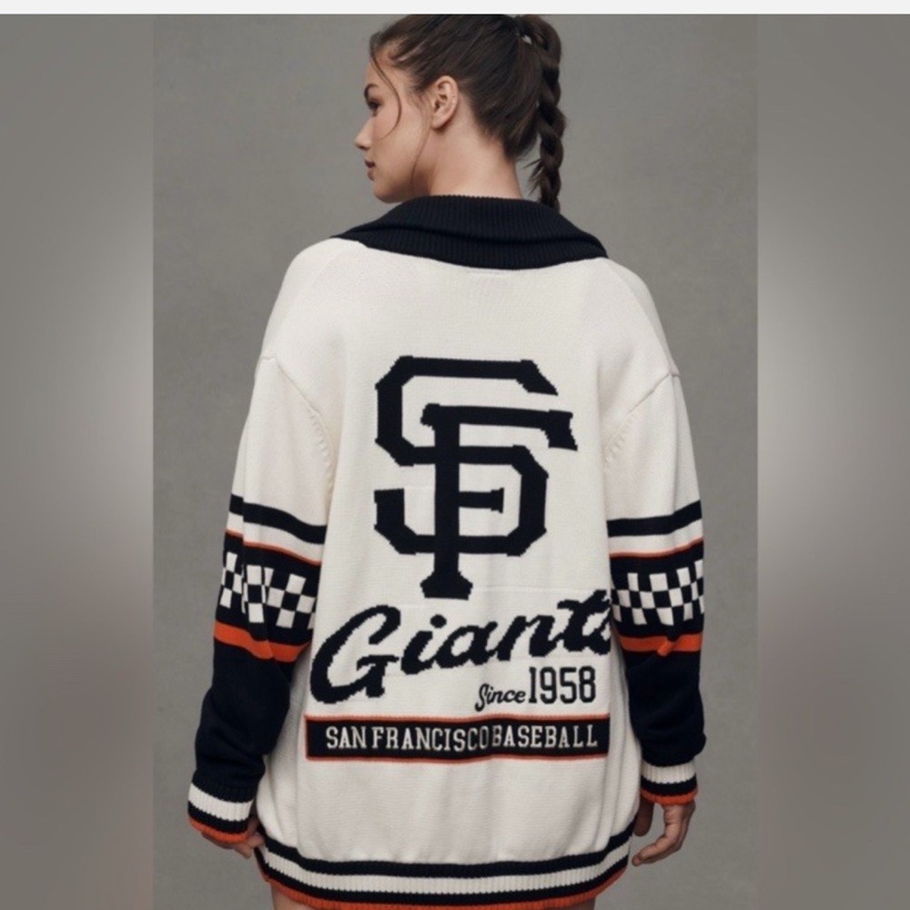 Anthropologie Black and White Varsity Giants cardigan